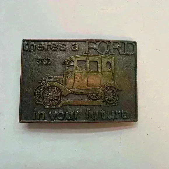 Vintage FORD Model T "There's a Ford in your Future" Solid Brass Belt Buckle - Picture 1 of 5